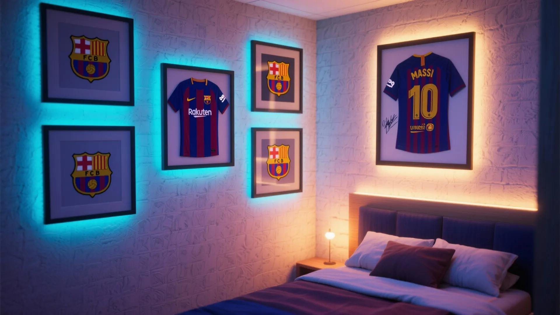 Bedroom wall with framed football shirts and club logos glowing under blue and orange lights