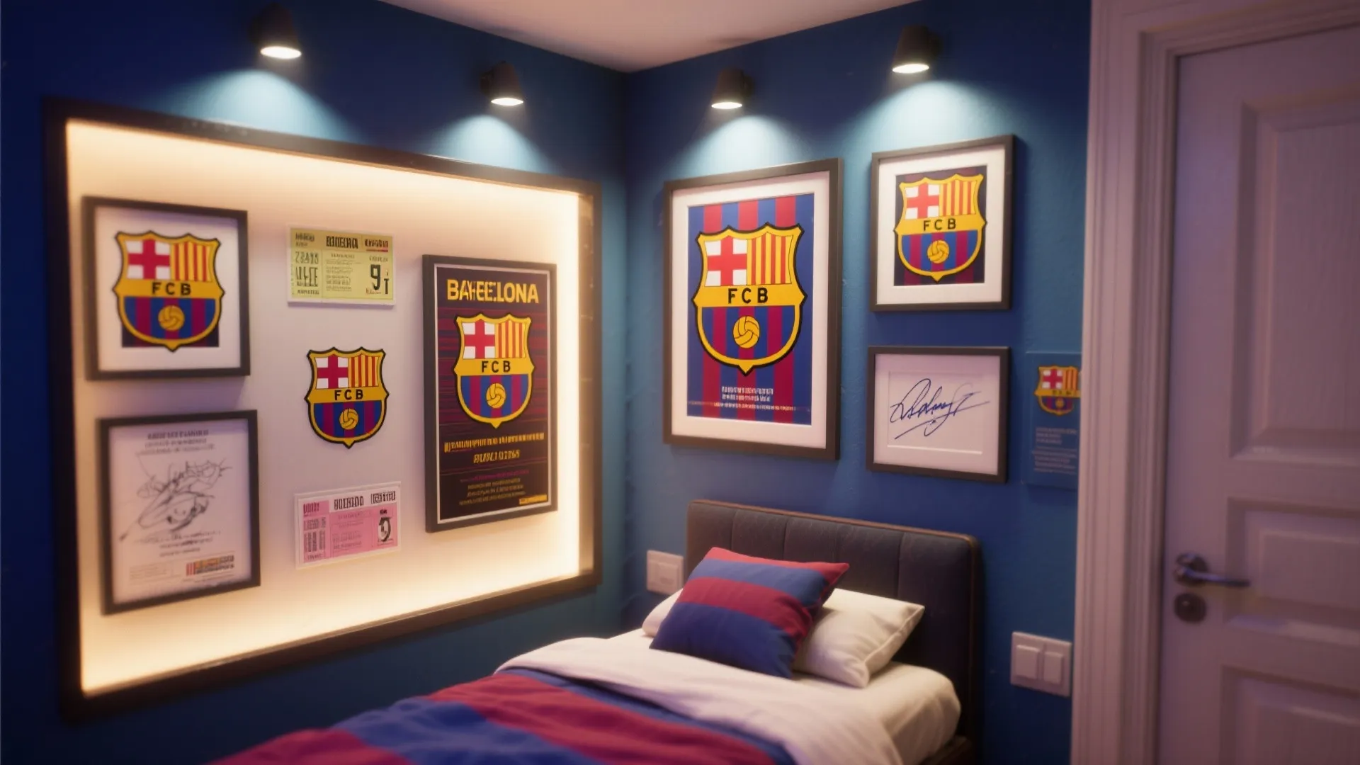 Blue bedroom wall decorated with framed sports posters, signed memorabilia, small wall lights, and bed