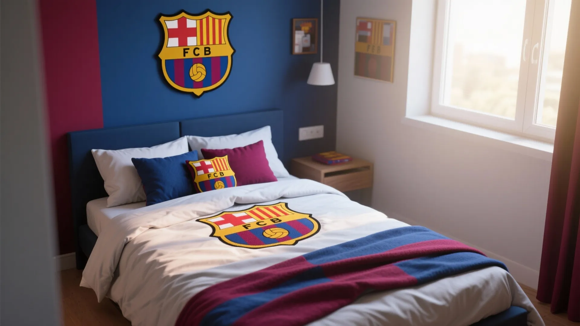 Modern bedroom with blue and red football club themed bedding set and large wall logo