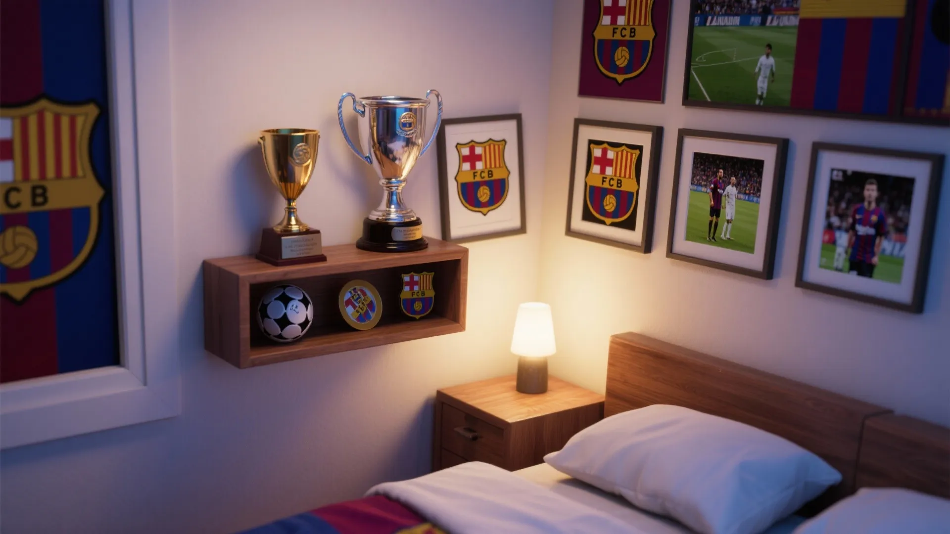 Wooden wall shelf holding trophies and football memorabilia next to a bed with wall pictures