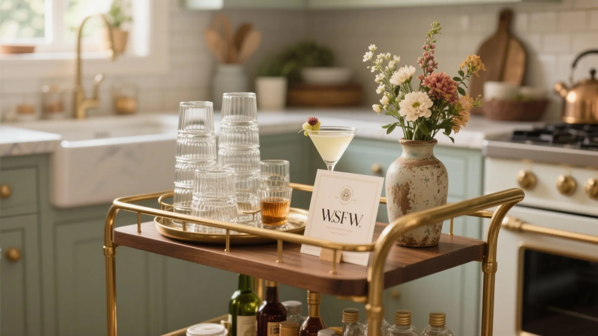 Wooden bar cart with gold frame holding glass cups flowers and drink bottles in green kitchen