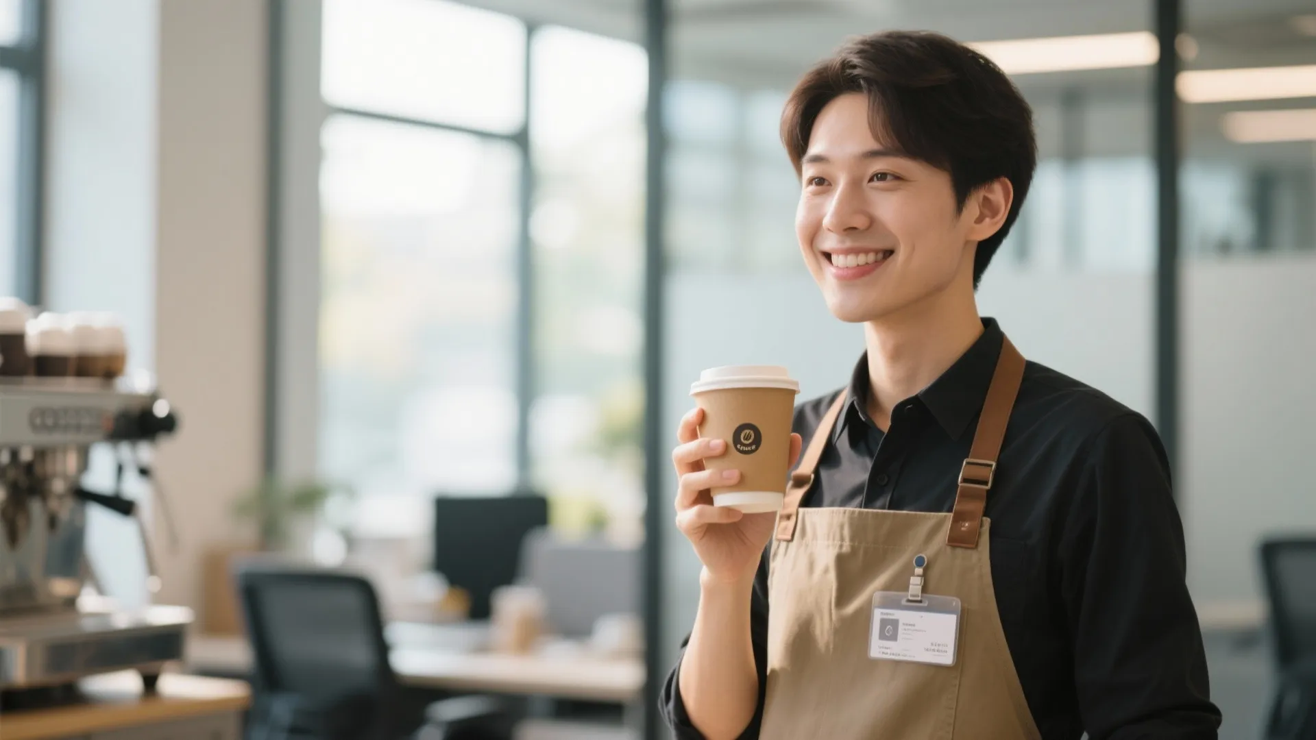 Smiling man in a brown barista apron holding a coffee cup in a bright office