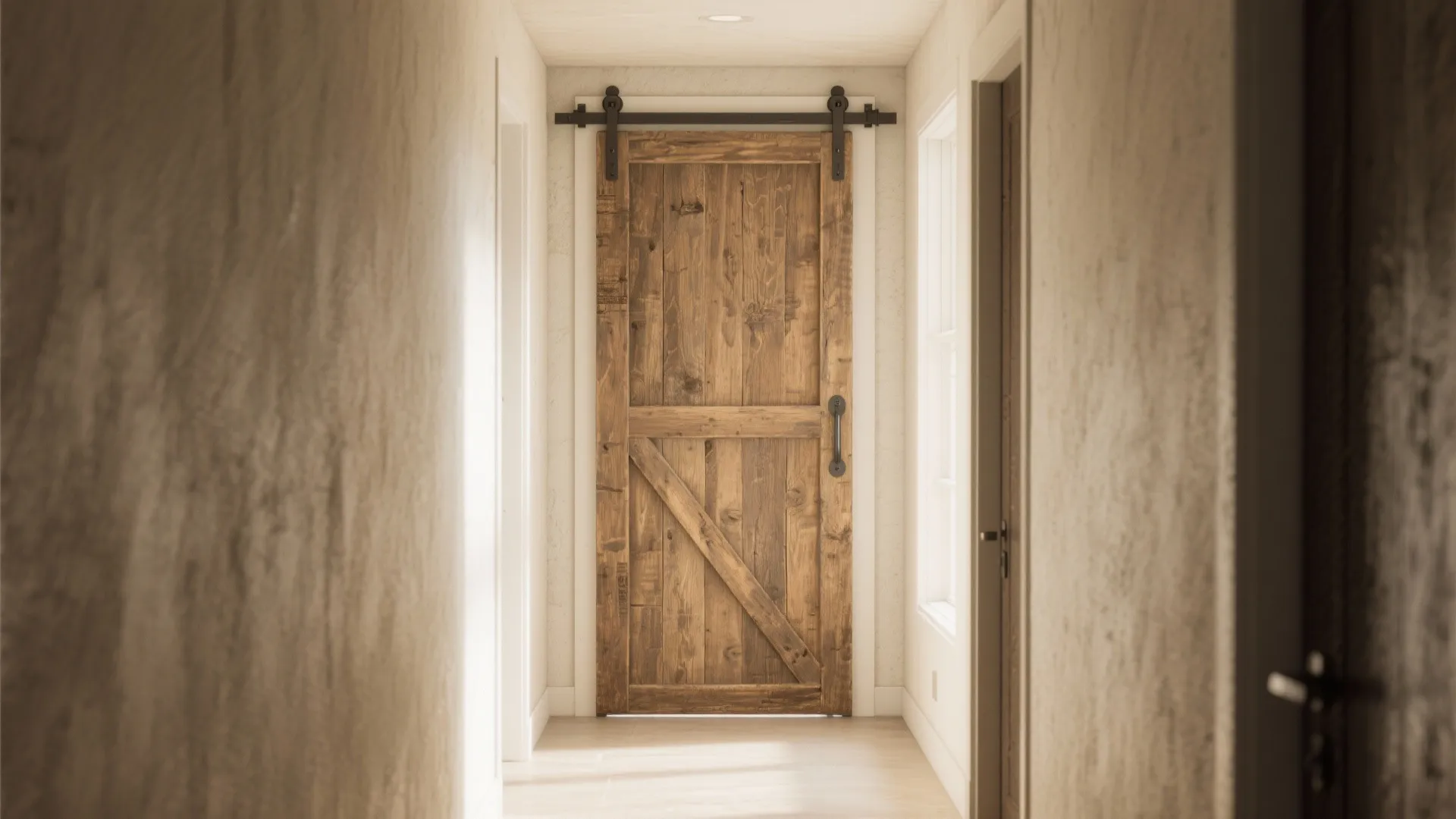 Rustic wooden sliding door at the end of a bright hallway with white wall paint
