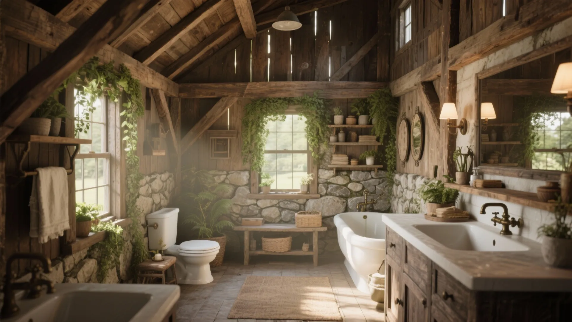 Rustic bathroom with stone walls wooden beams white bathtub vanity sink toilet and many green plants