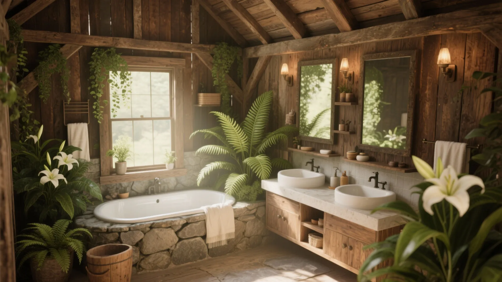 Rustic wooden bathroom with stone bathtub base white lilies green plants two sinks and wall lights