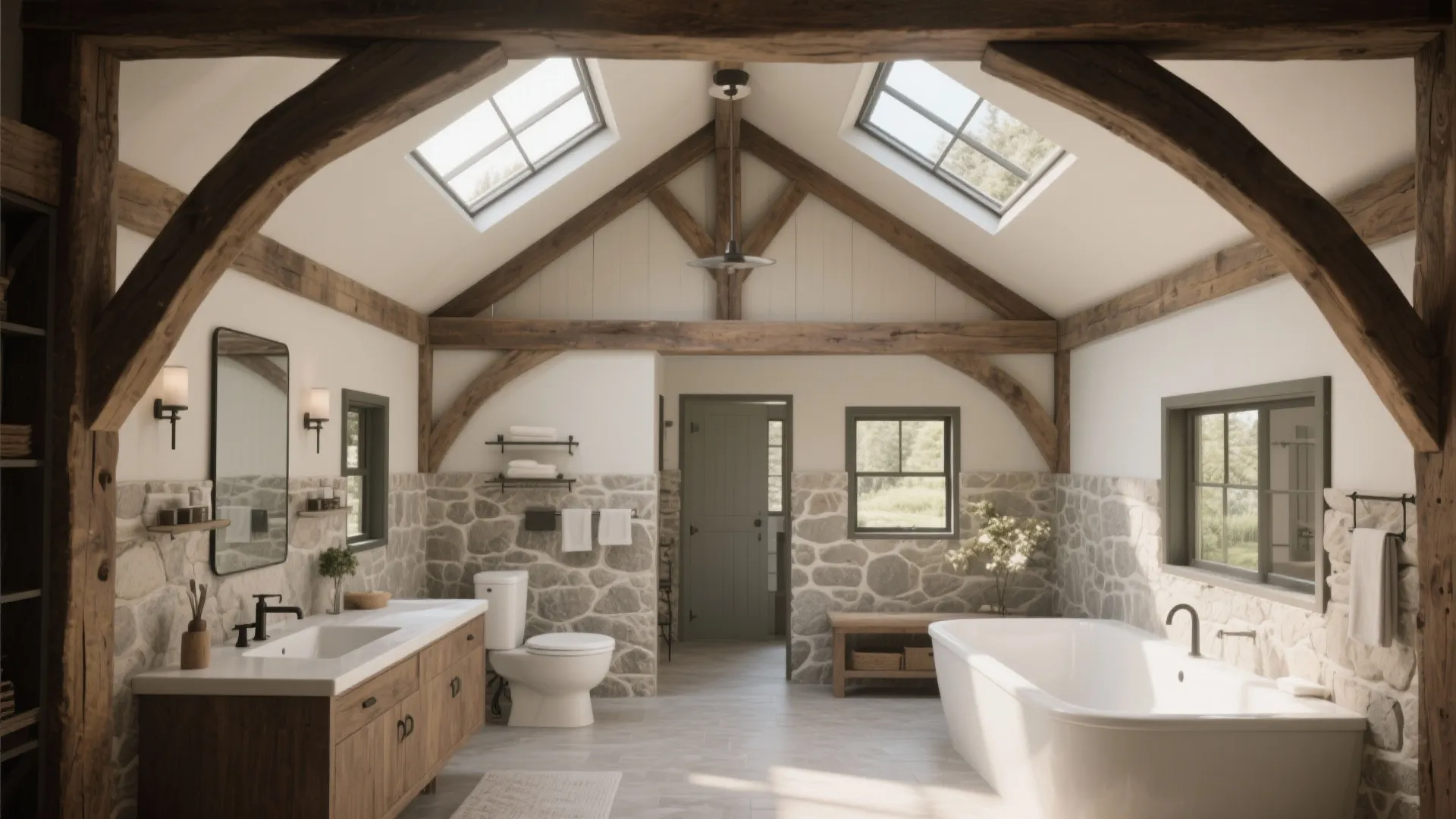 Spacious barn bathroom with white bathtub stone walls wooden beams ceiling windows and double vanity sink
