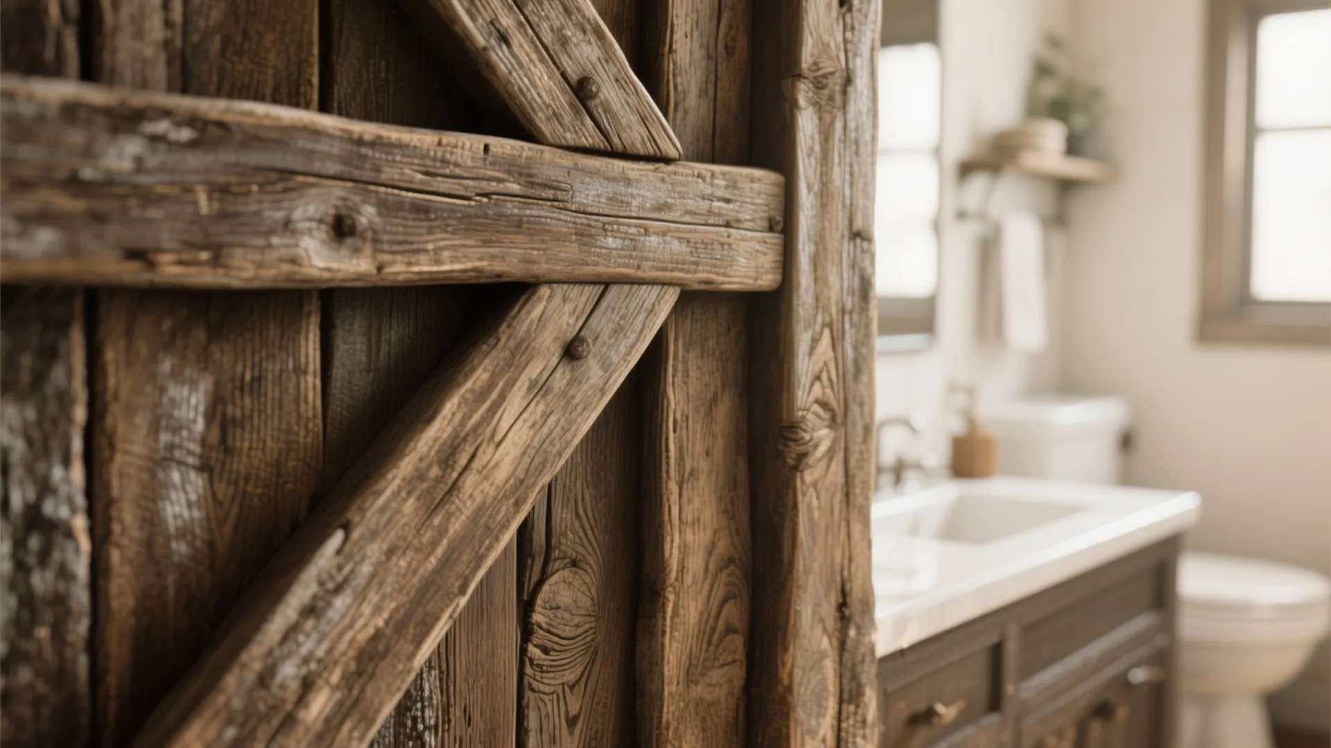 Close up of rustic wooden sliding door with dark metal bolts in modern farmhouse bathroom