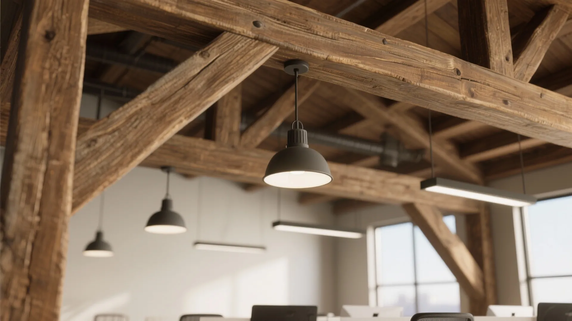 Black ceiling light hanging from thick wooden beams in a modern office with large windows