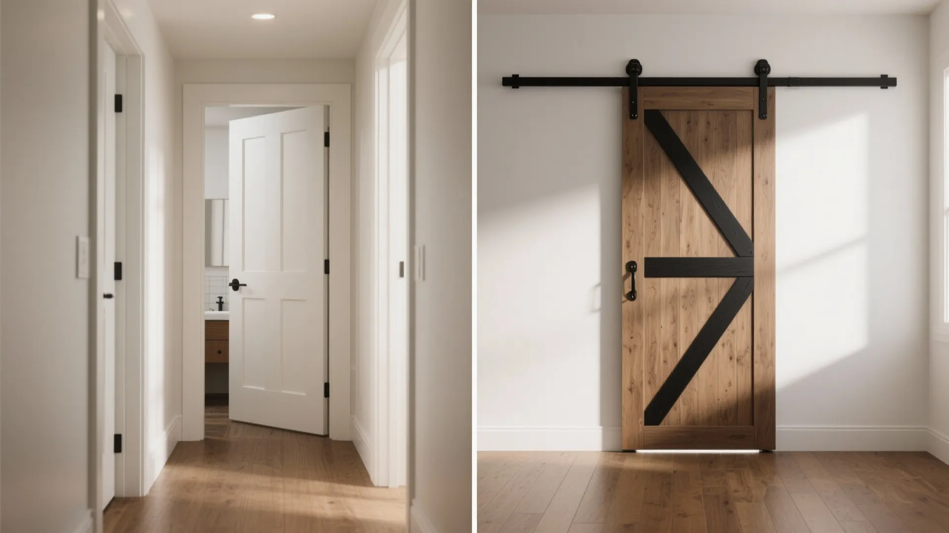 Comparison of a white interior door and a rustic wooden sliding barn door for rooms