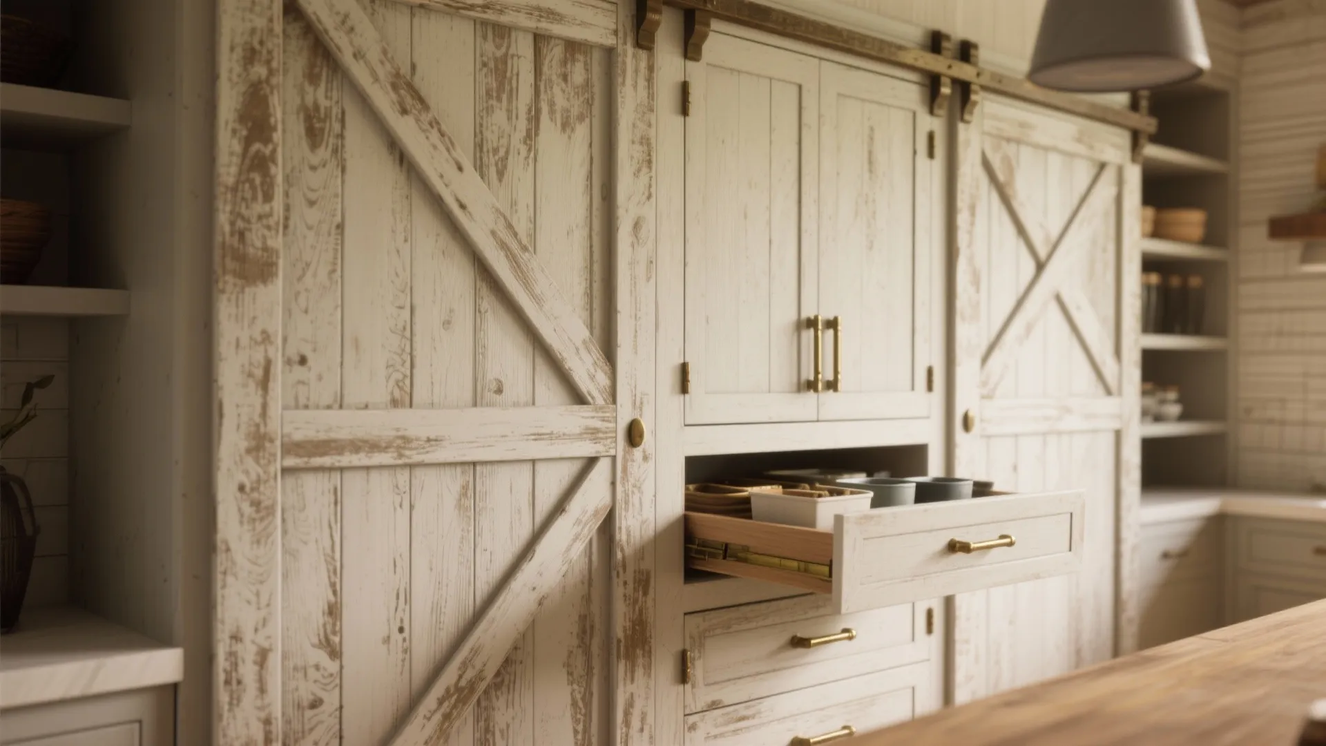 Rustic white kitchen cabinet with sliding barn doors and an open drawer showing storage space