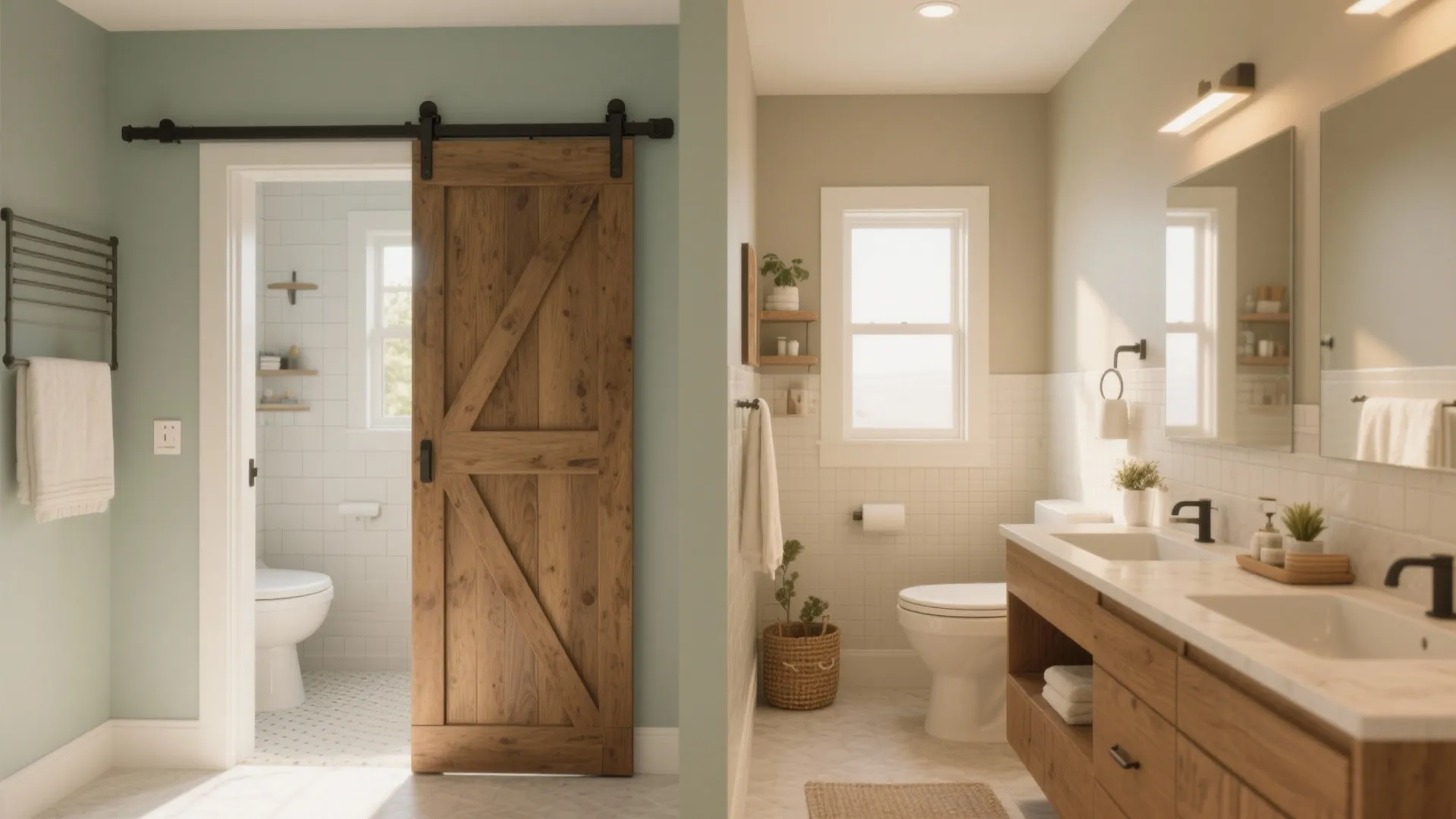 Bathroom interior design showing a sliding wooden door double sink wooden cabinet and white toilet