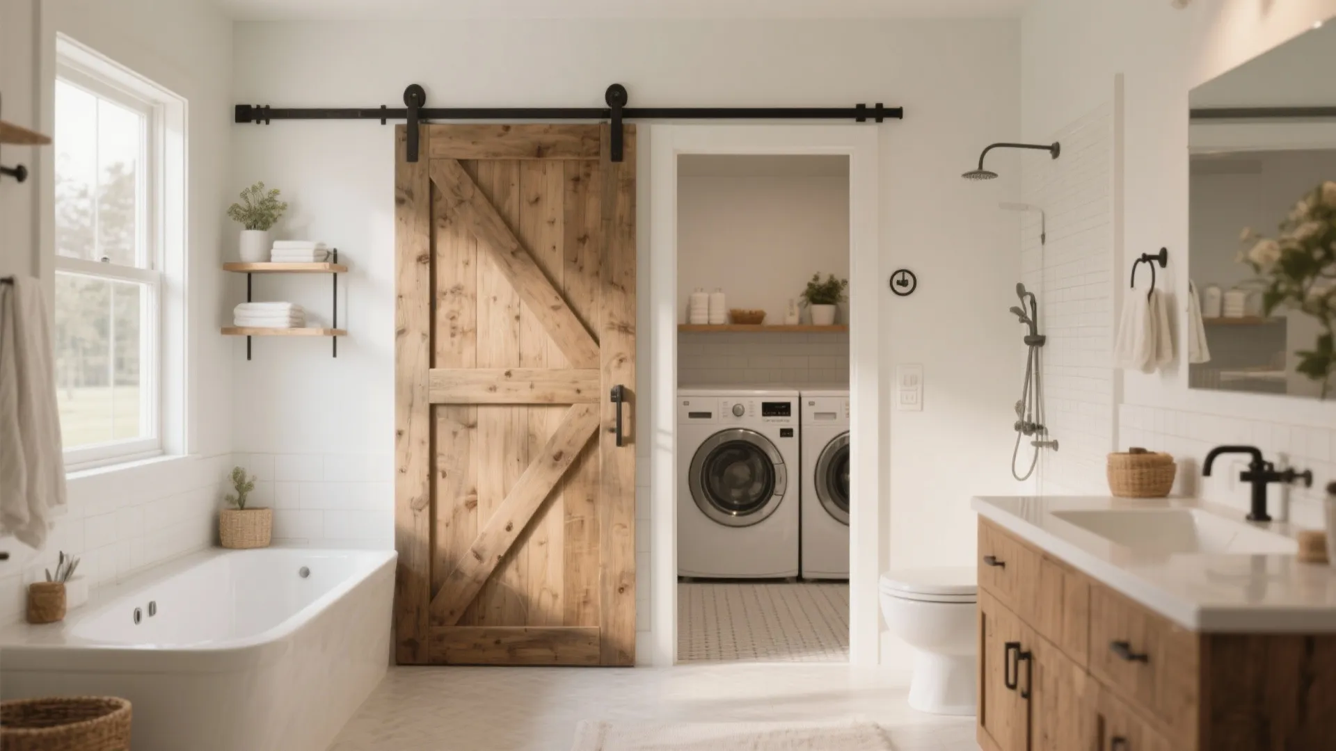 Bright bathroom with wooden sliding door opening into laundry room with two white washing machines
