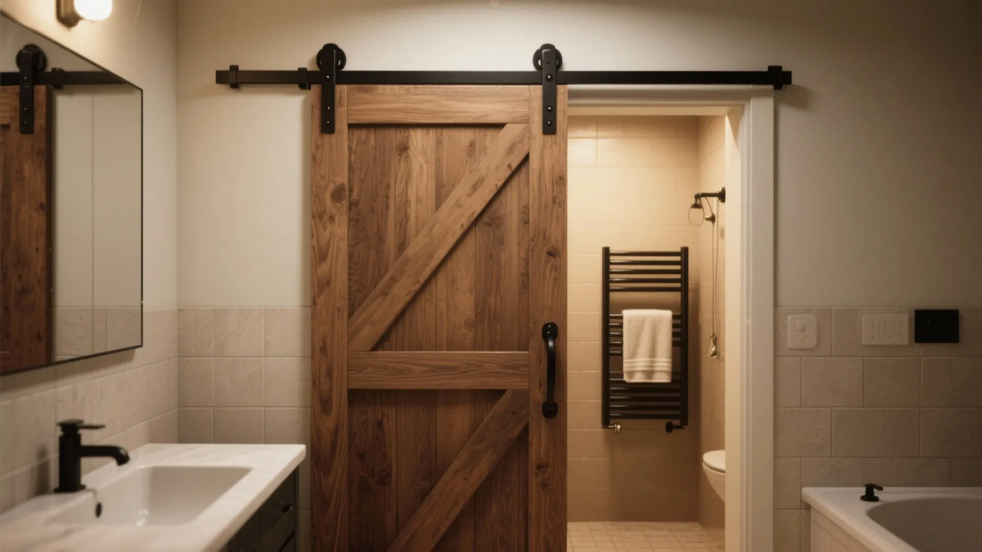 Barn-style sliding door mounted outside the wall with a towel warmer visible inside the bathroom.