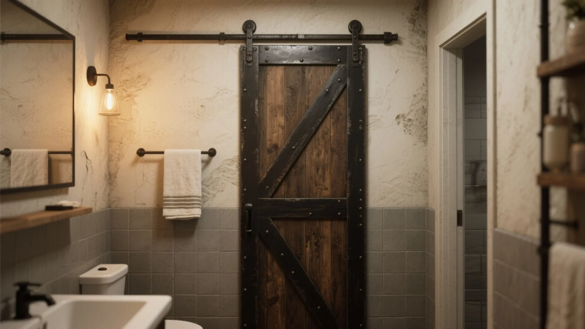 Rustic bathroom with sliding wooden barn door and black hardware next to a white towel