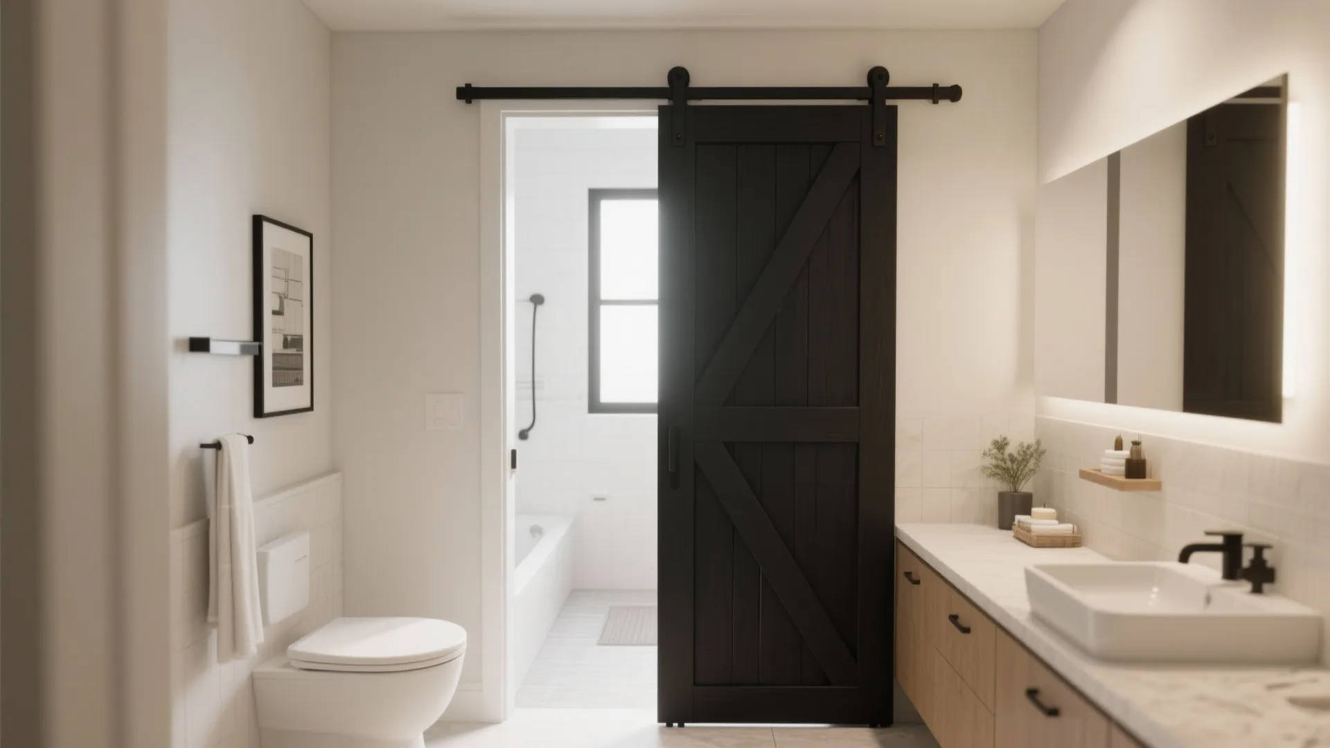 Bathroom interior with a black sliding door wooden cabinet white toilet and white bathtub background