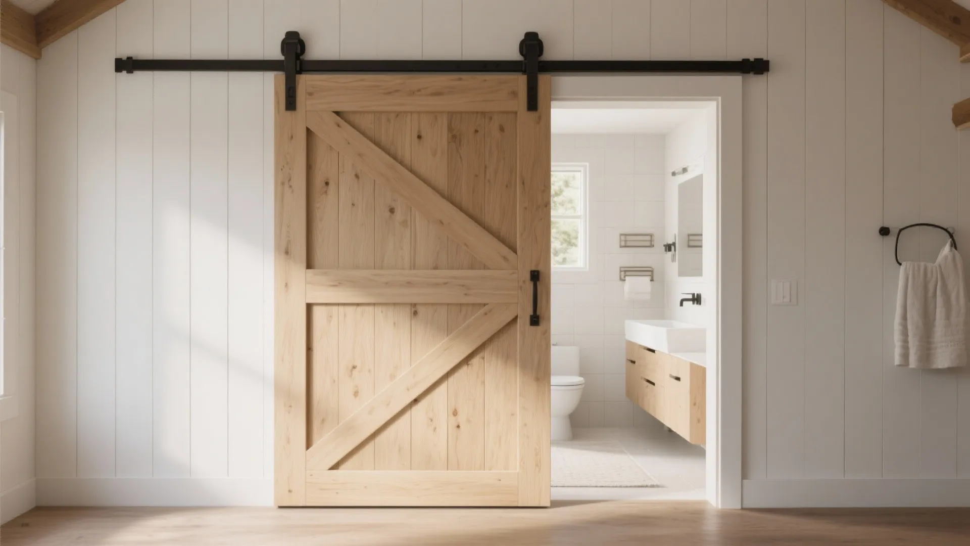 Modern bathroom with a wooden sliding barn door white wall panels and a wooden cabinet