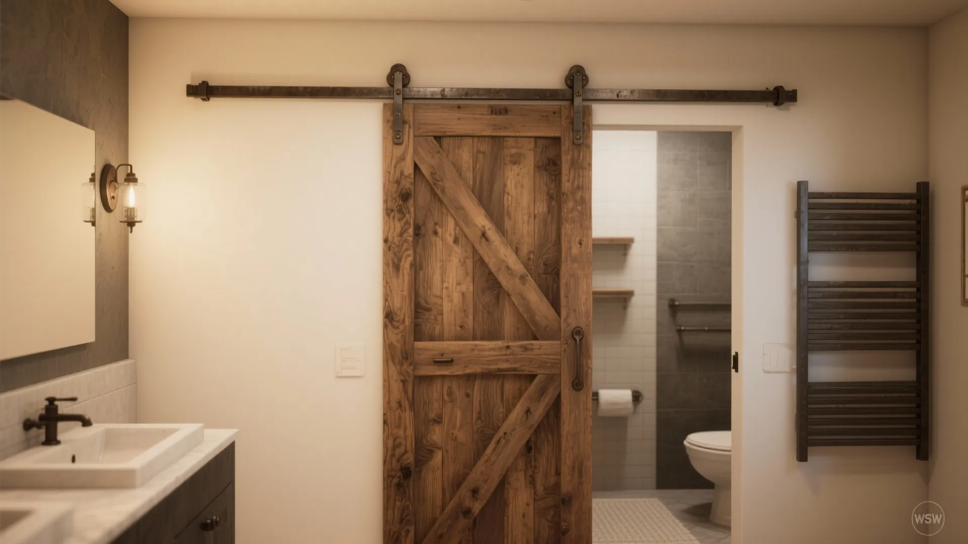 Bathroom entrance with a sliding barn door on exposed track, showing aesthetic impact and wall space needs