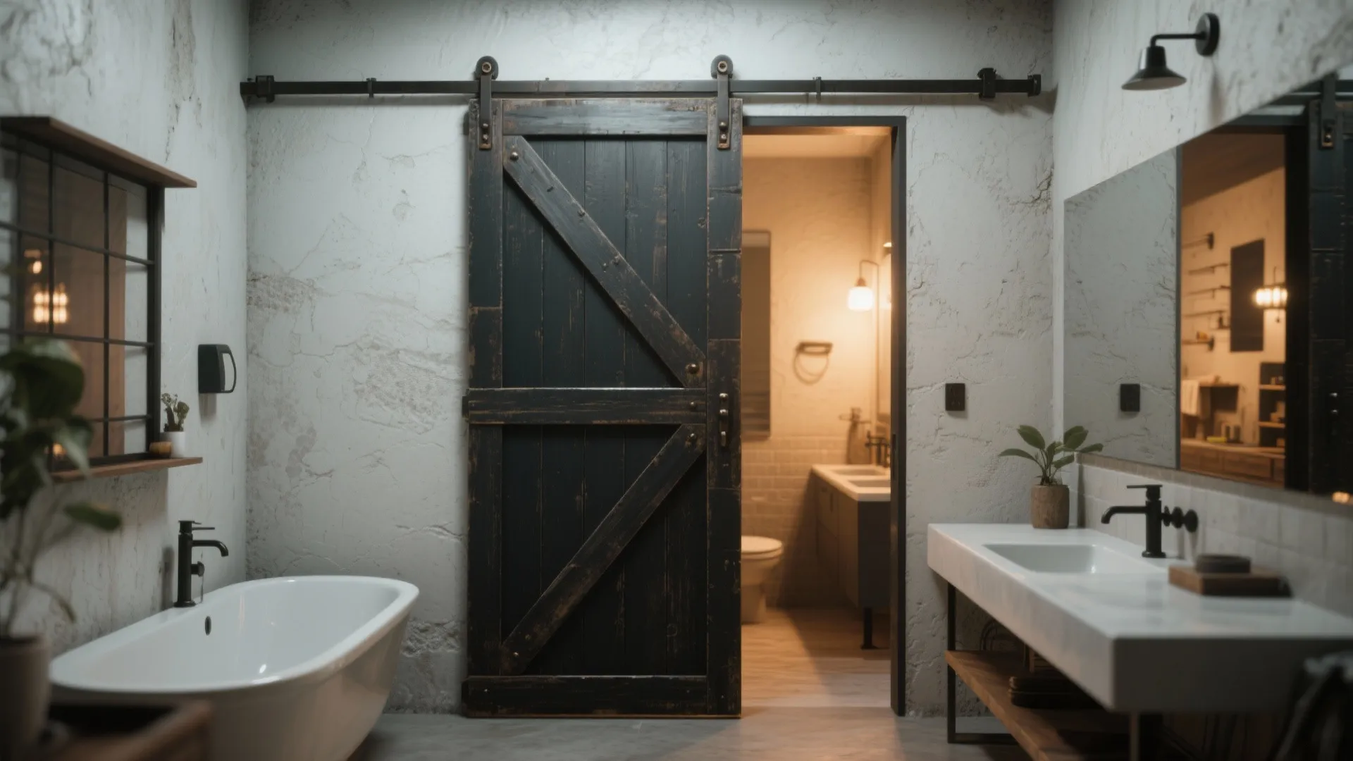 Rustic bathroom interior with black sliding wooden door white bathtub long sink and large wall mirror