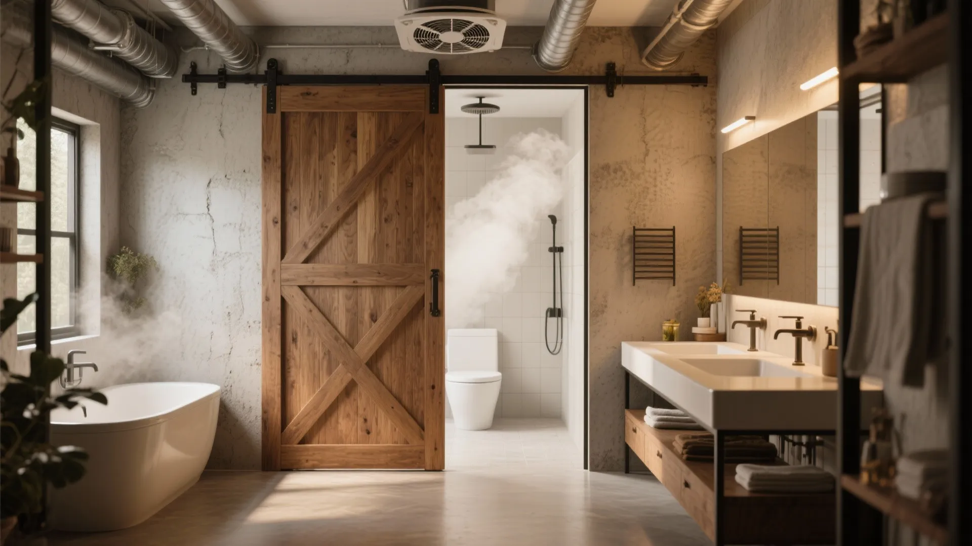 Modern industrial bathroom with wooden barn door, white bathtub, double sink vanity, and exposed pipes