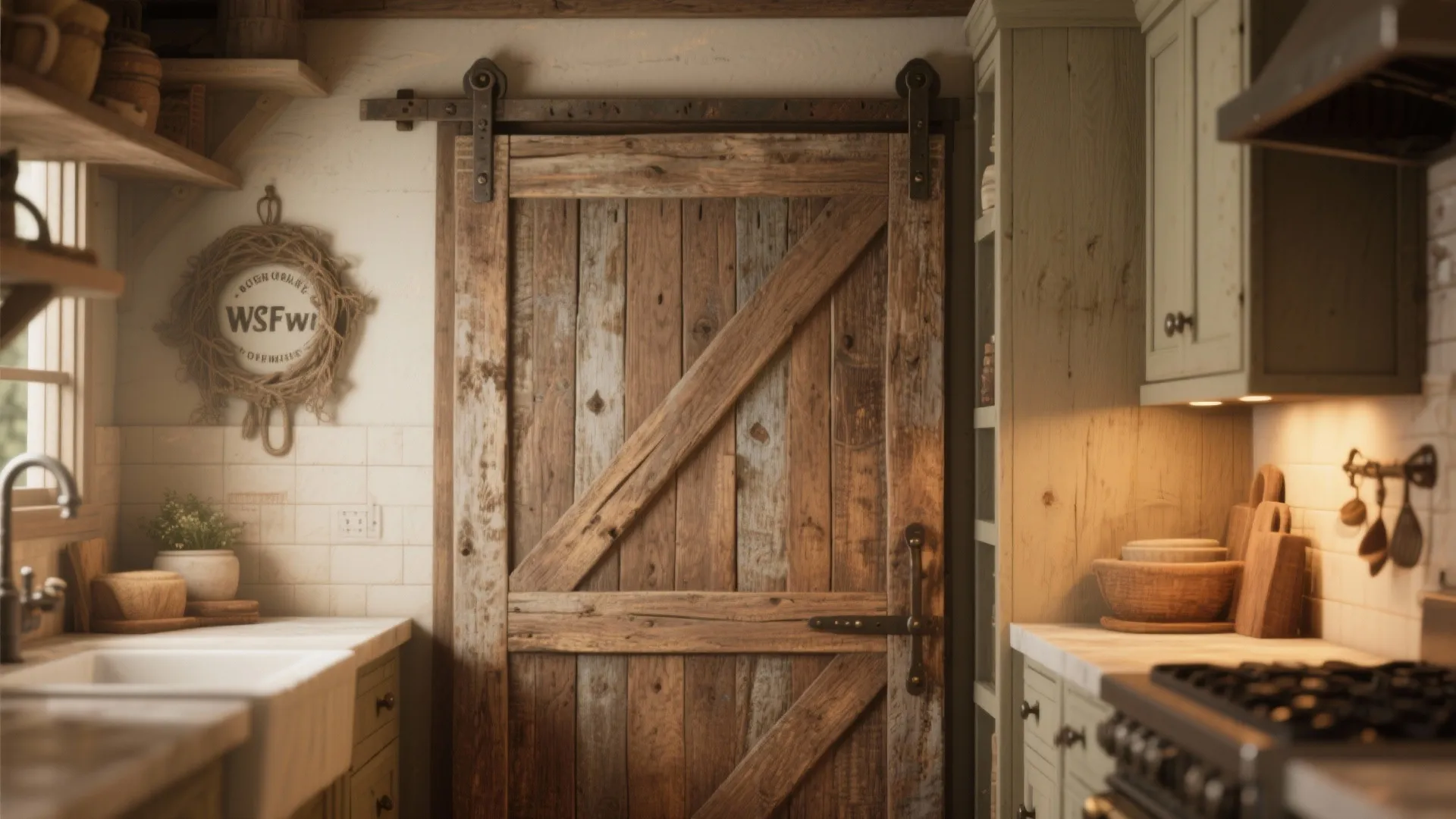 Rustic kitchen cabinet with sliding barn-style wood door