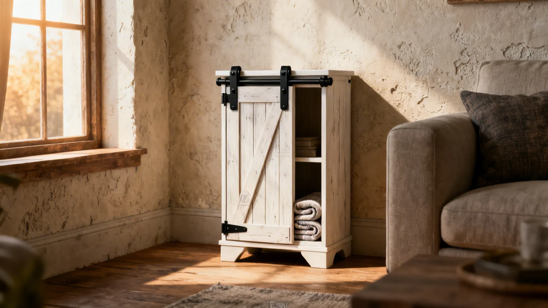 Narrow barn-door inspired cabinet table with sliding hardware in a sunlit living room corner.