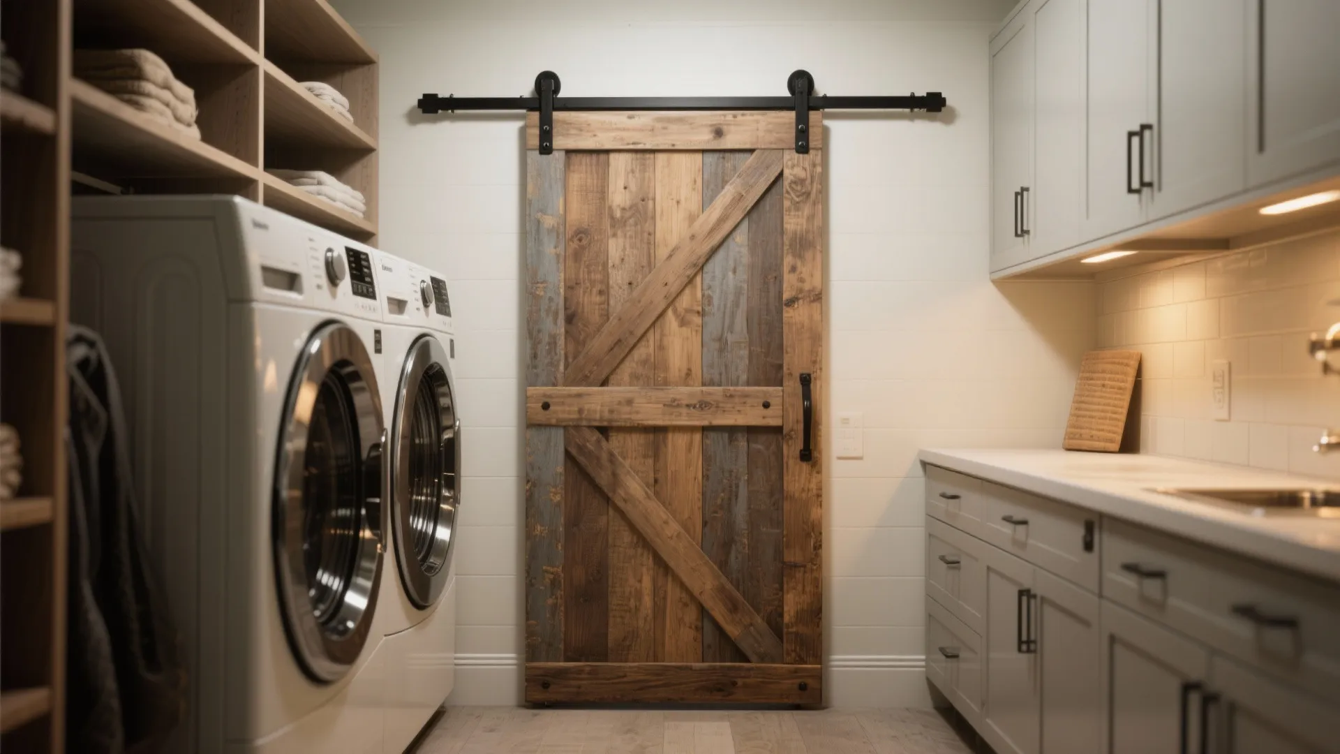 Rustic wooden sliding barn door in a laundry room with white cabinets and washing machine
