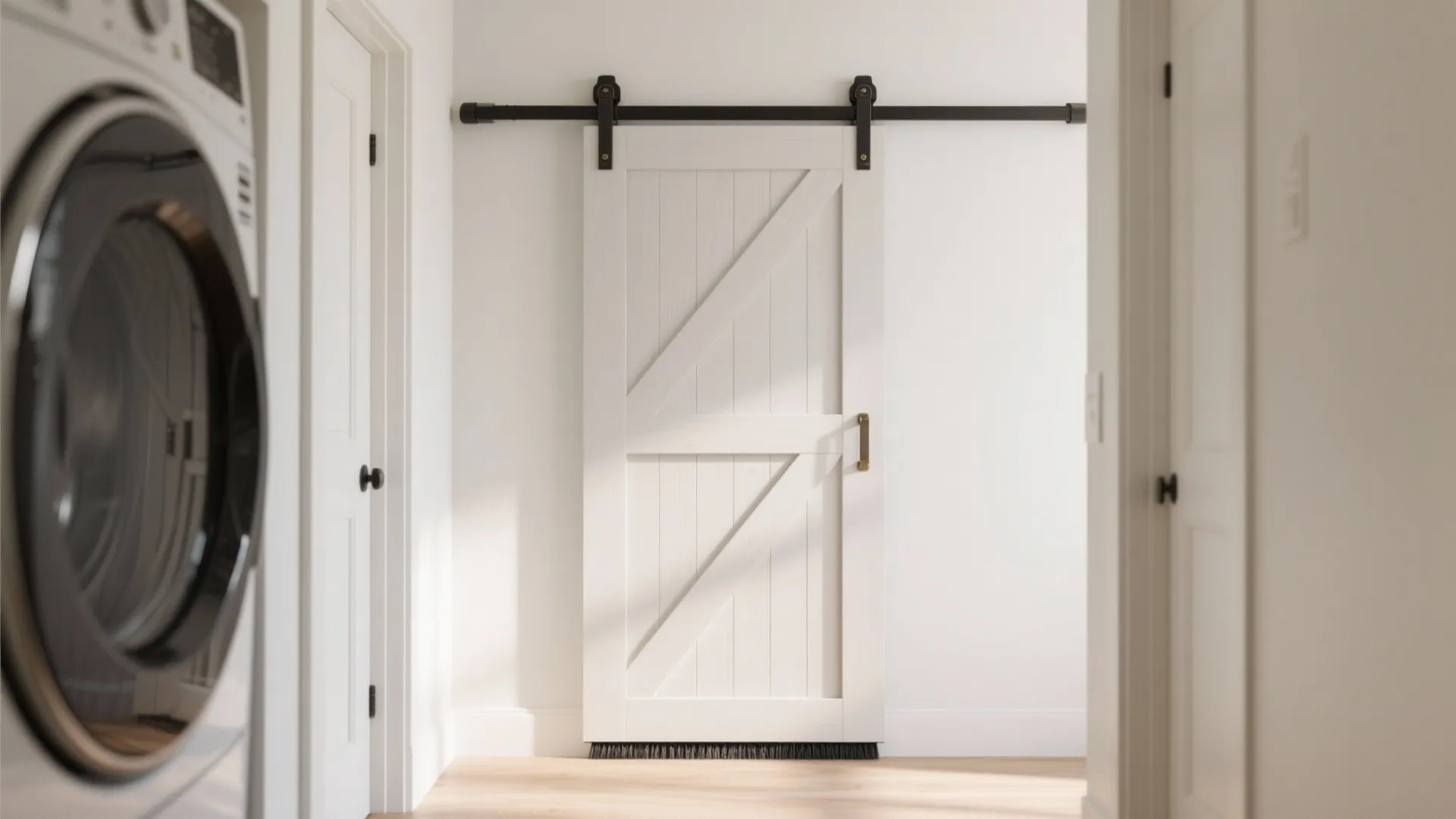 White wooden sliding door with black hardware installed in a bright hallway with light wood flooring