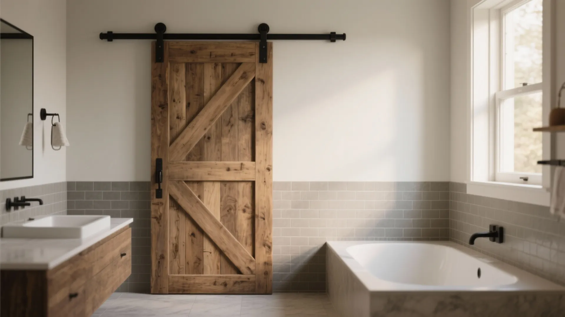 Rustic wooden sliding door in a bright bathroom with a white bathtub and wooden cabinet