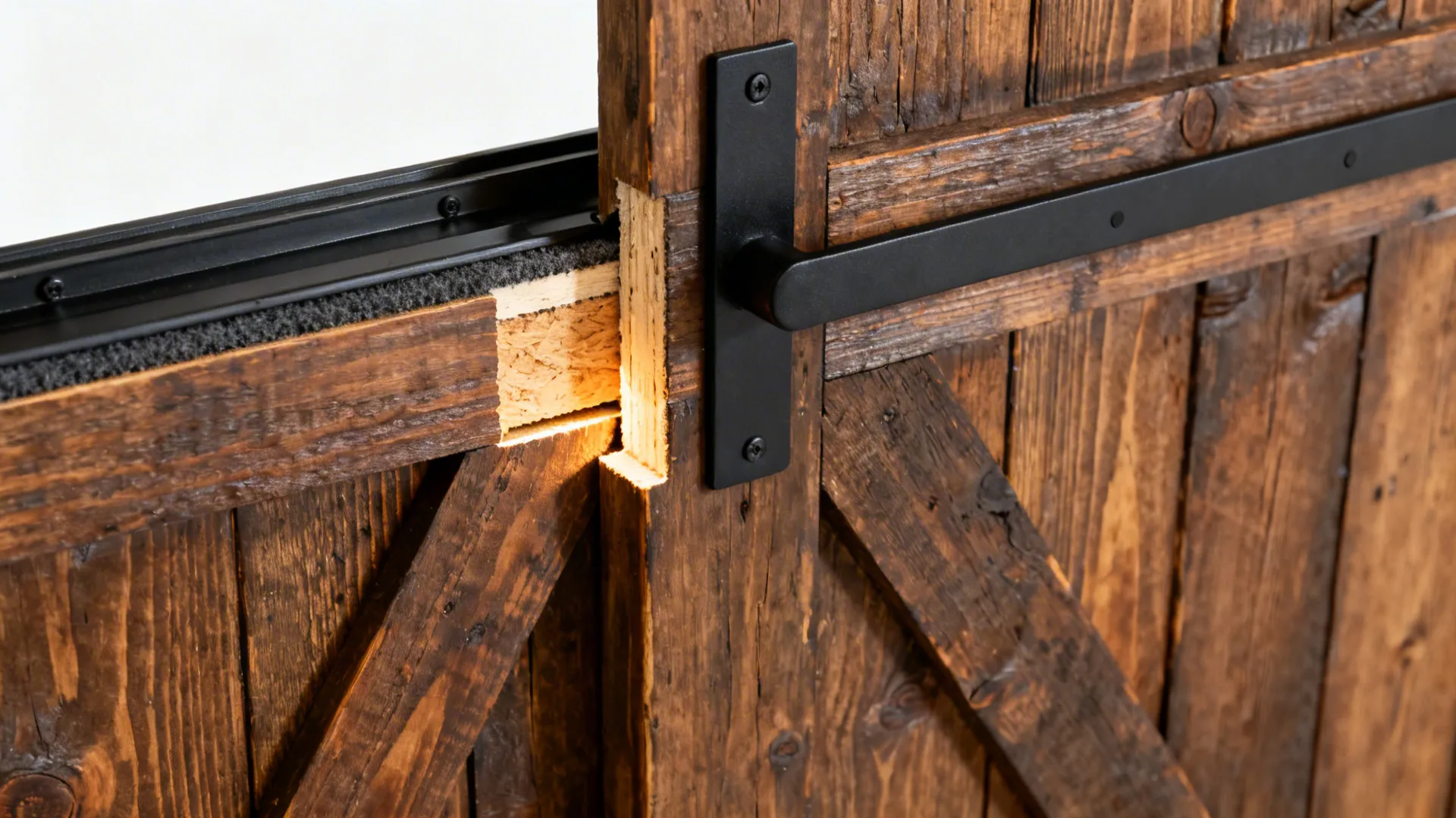 Close-up of reclaimed wood barn door with acoustic core, floor guide, and matte black hardware.