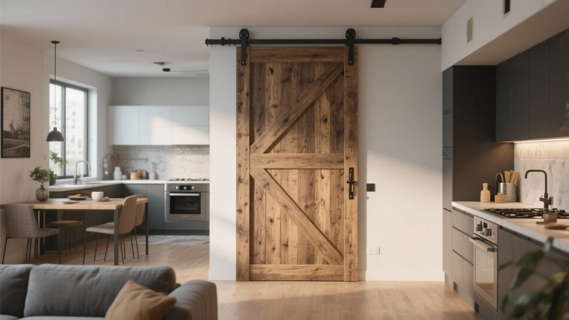 Rustic sliding barn door separating kitchen and living zones in modern apartment