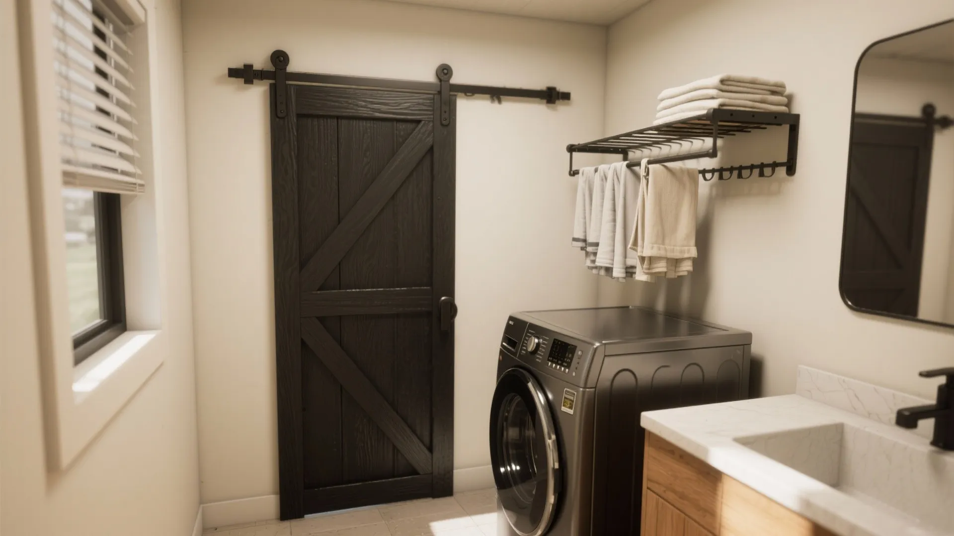 3. Sliding Barn Door + Smart Drying Solutions