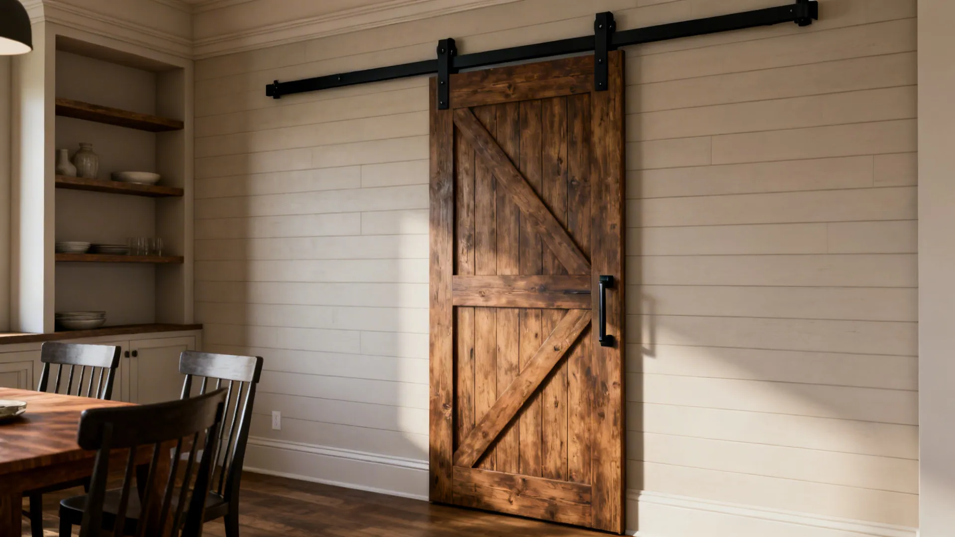 Dining room with sliding barn door on black track as dramatic focal point