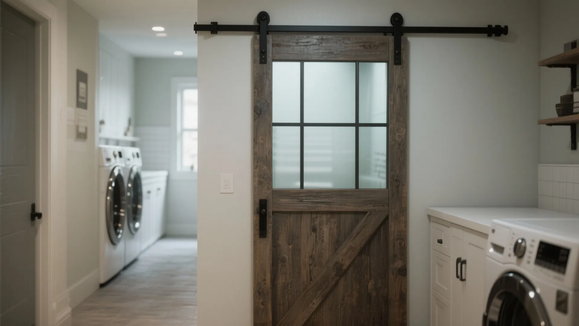 Rustic wooden sliding door with glass panes separating a hallway from a bright white laundry