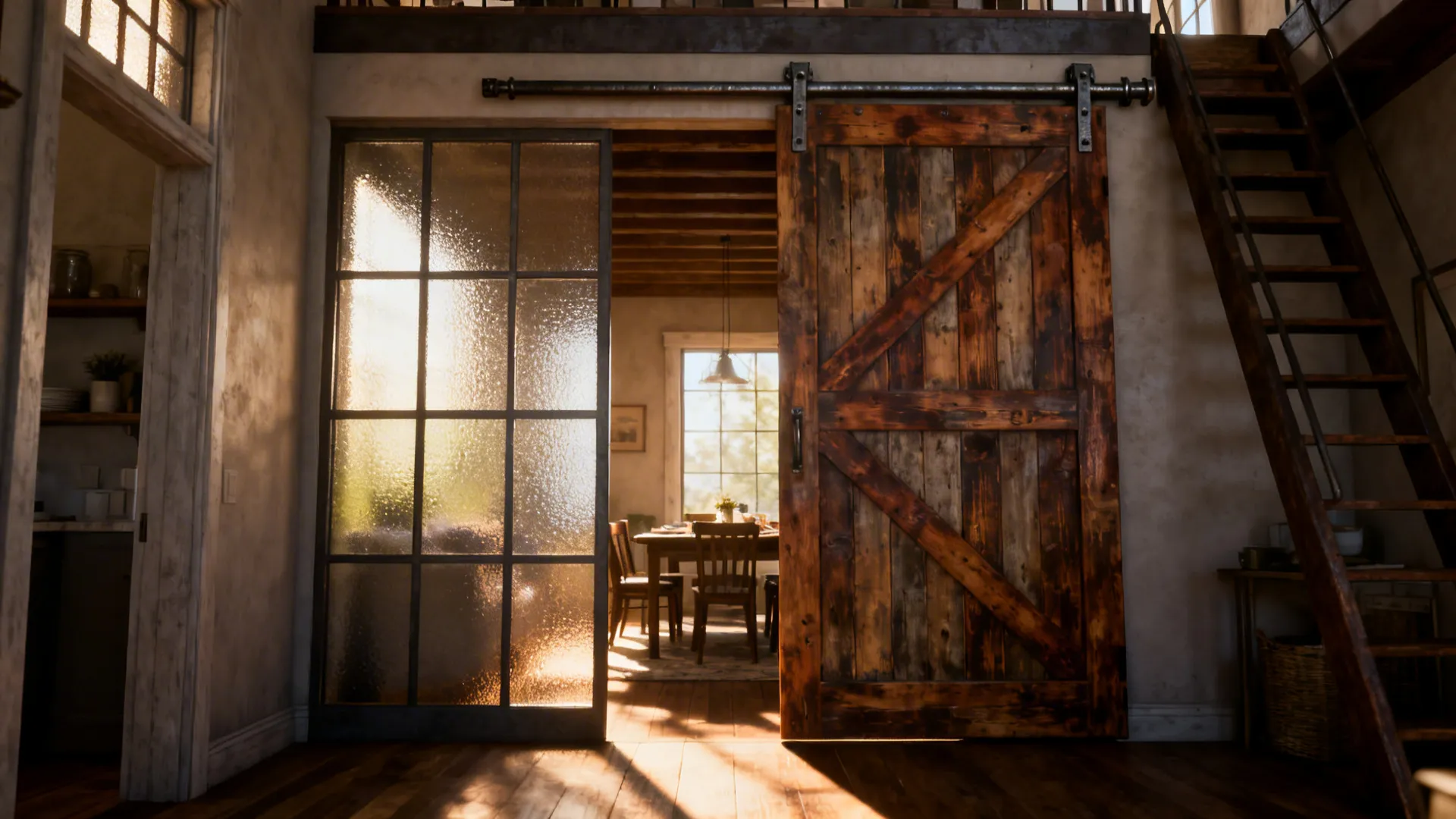 Sliding barn door with divided glass panels opening to a cozy dining nook in a narrow loft.
