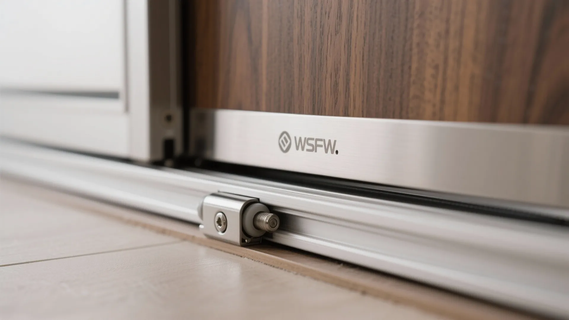Metal sliding door track and roller hardware on bottom of a dark wood grain door
