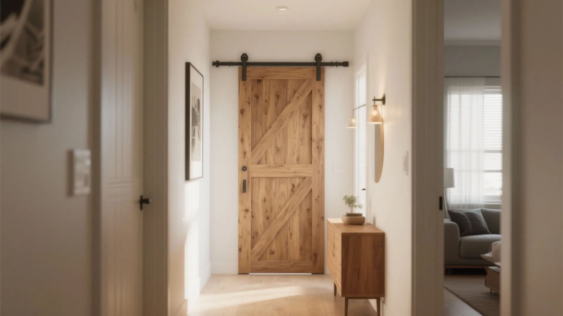 Wooden sliding barn door at the end of a bright hallway next to a cabinet