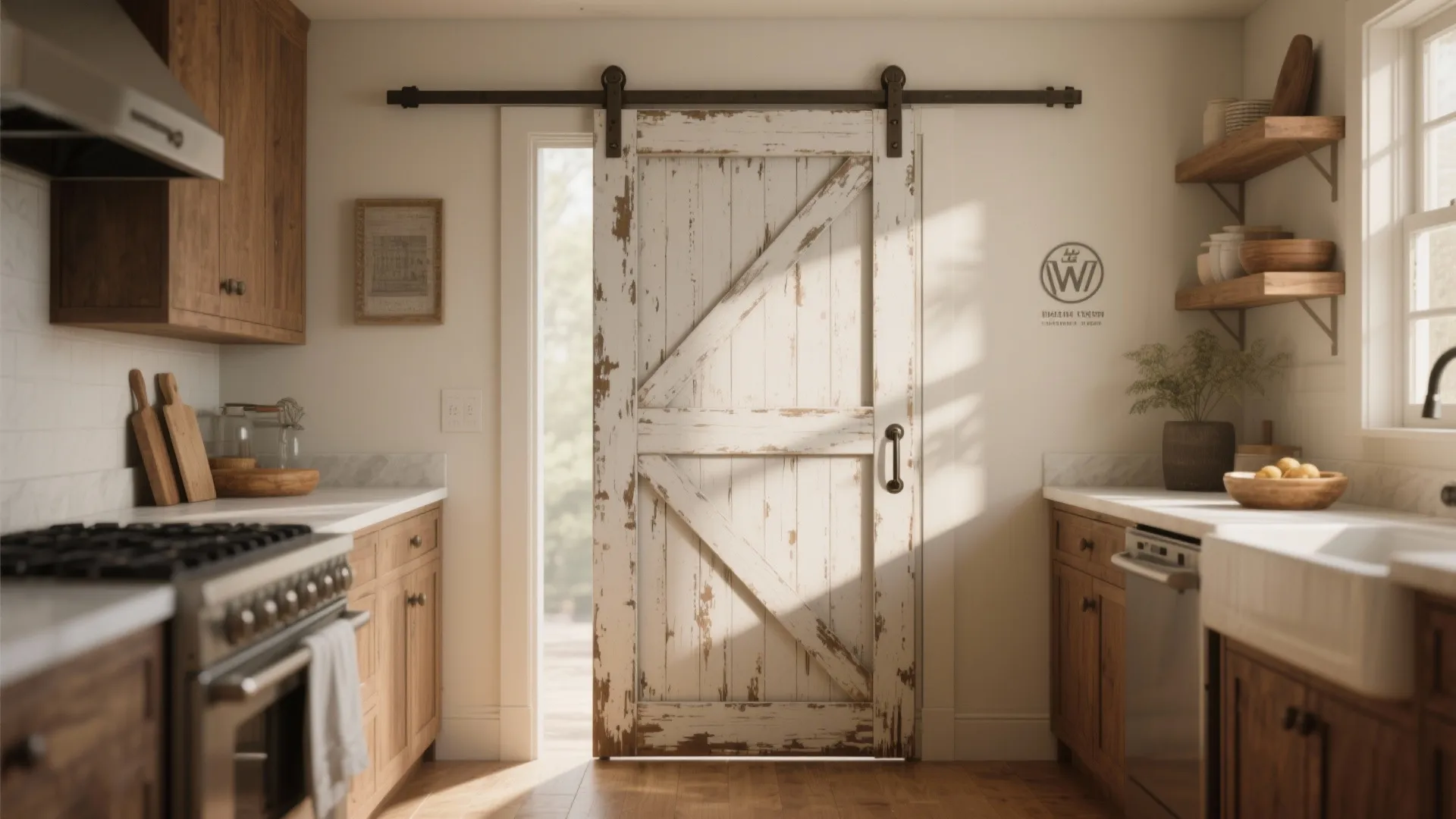Rustic white sliding door in kitchen featuring wooden cabinets white countertops and open wall shelves