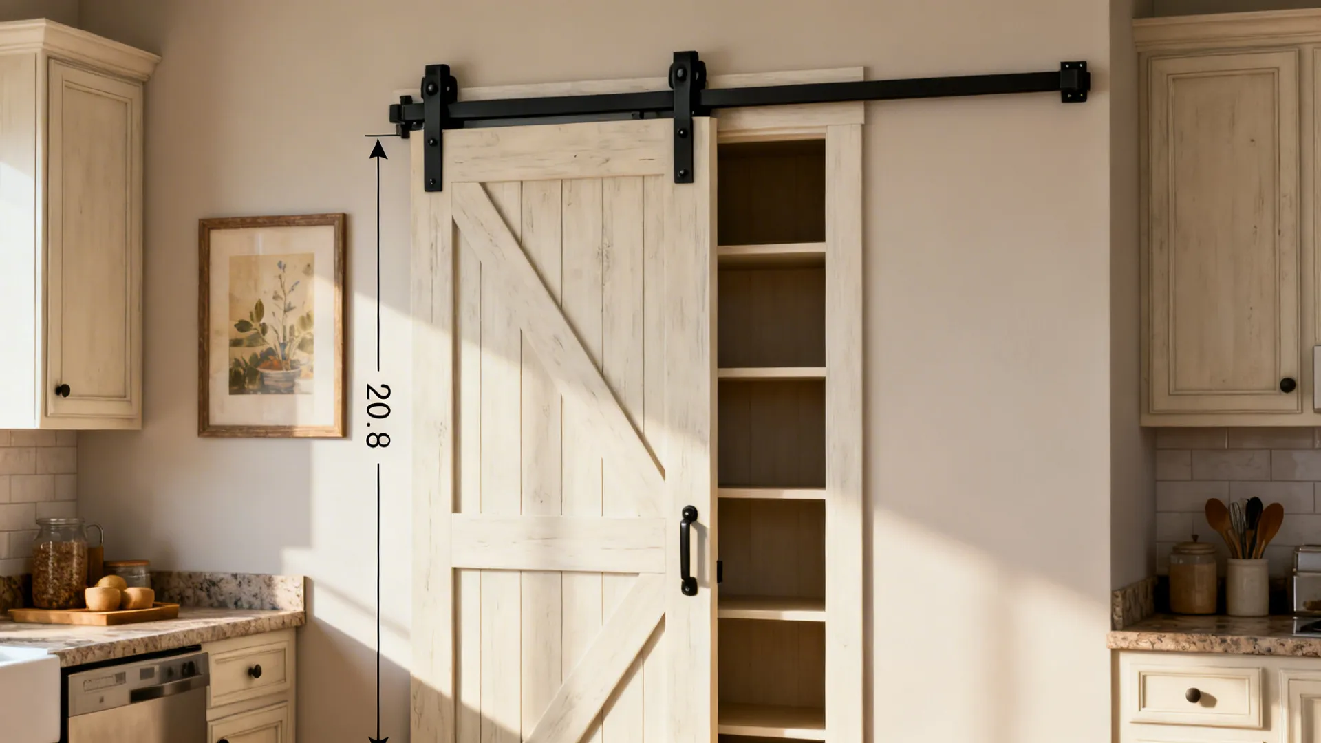 Lightweight barn pantry door on an external track with matte black hardware and soft-close in a small kitchen.