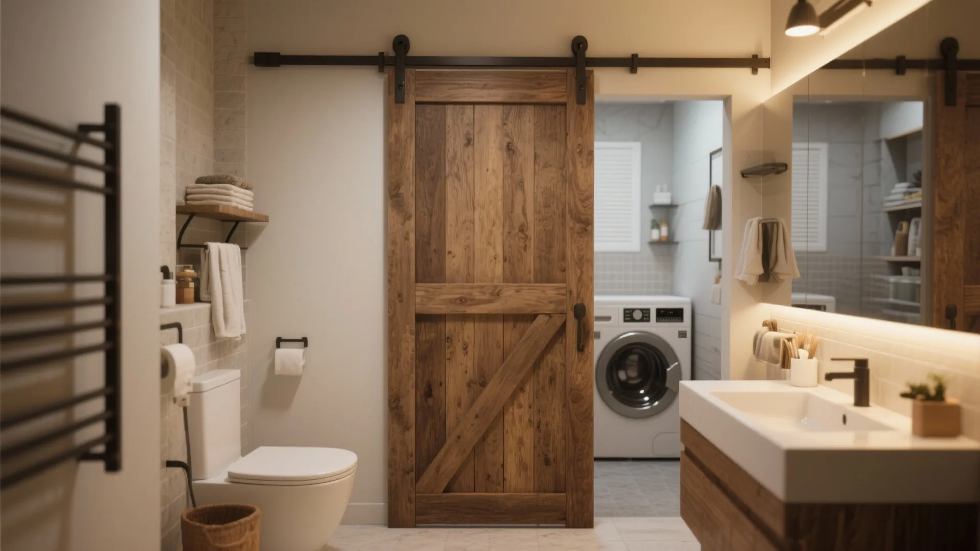 Bathroom interior with a wooden sliding door opening to reveal a washing machine laundry area