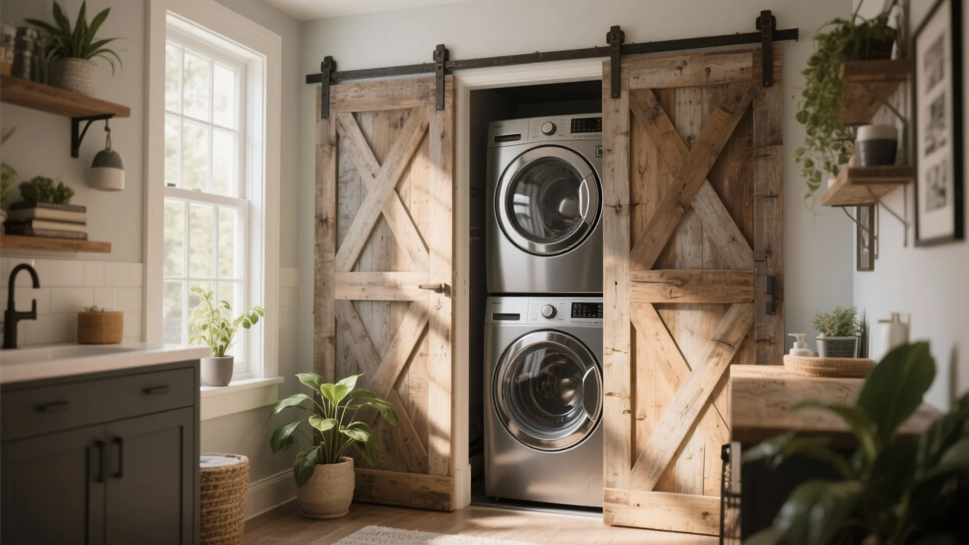 Rustic laundry room featuring stacked washing machines behind sliding wooden doors and green indoor potted plants