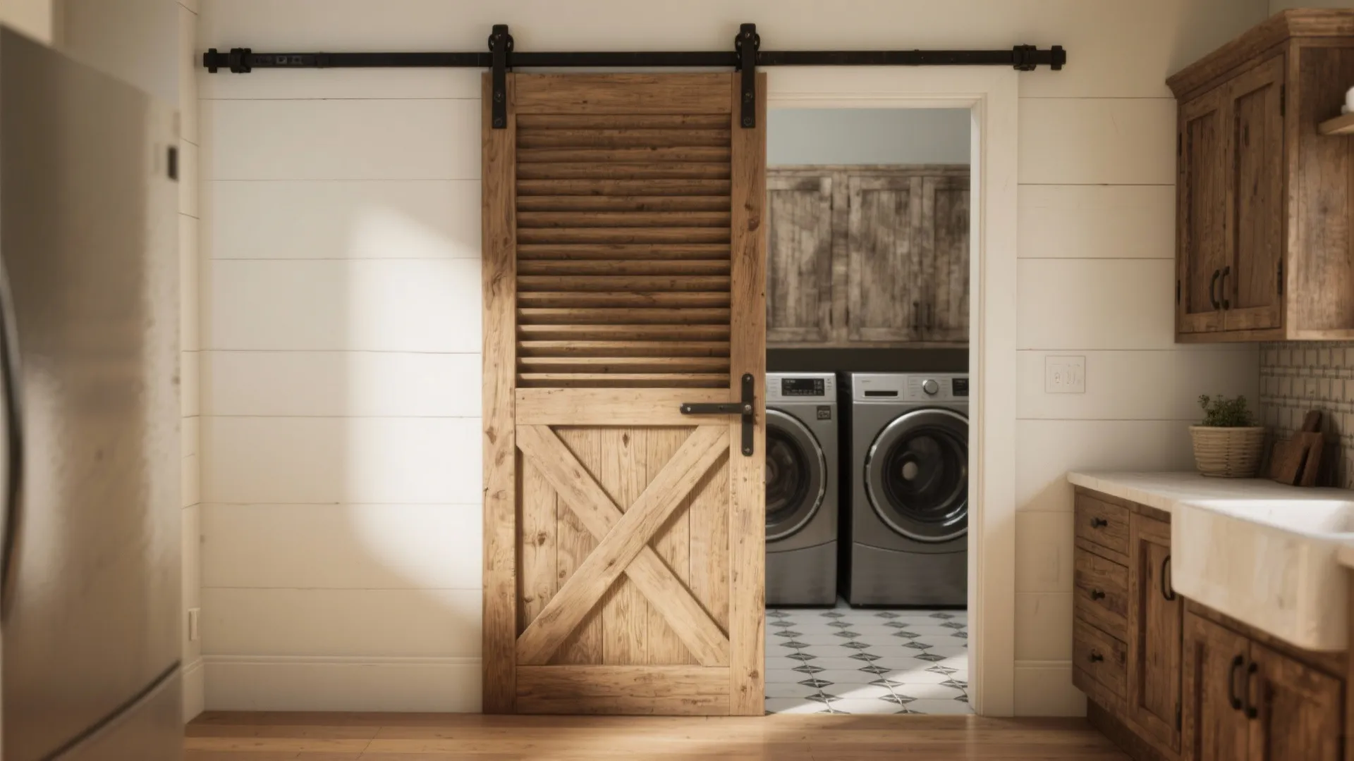 Rustic wooden sliding door opening to a laundry room with two silver washing machines and cabinets