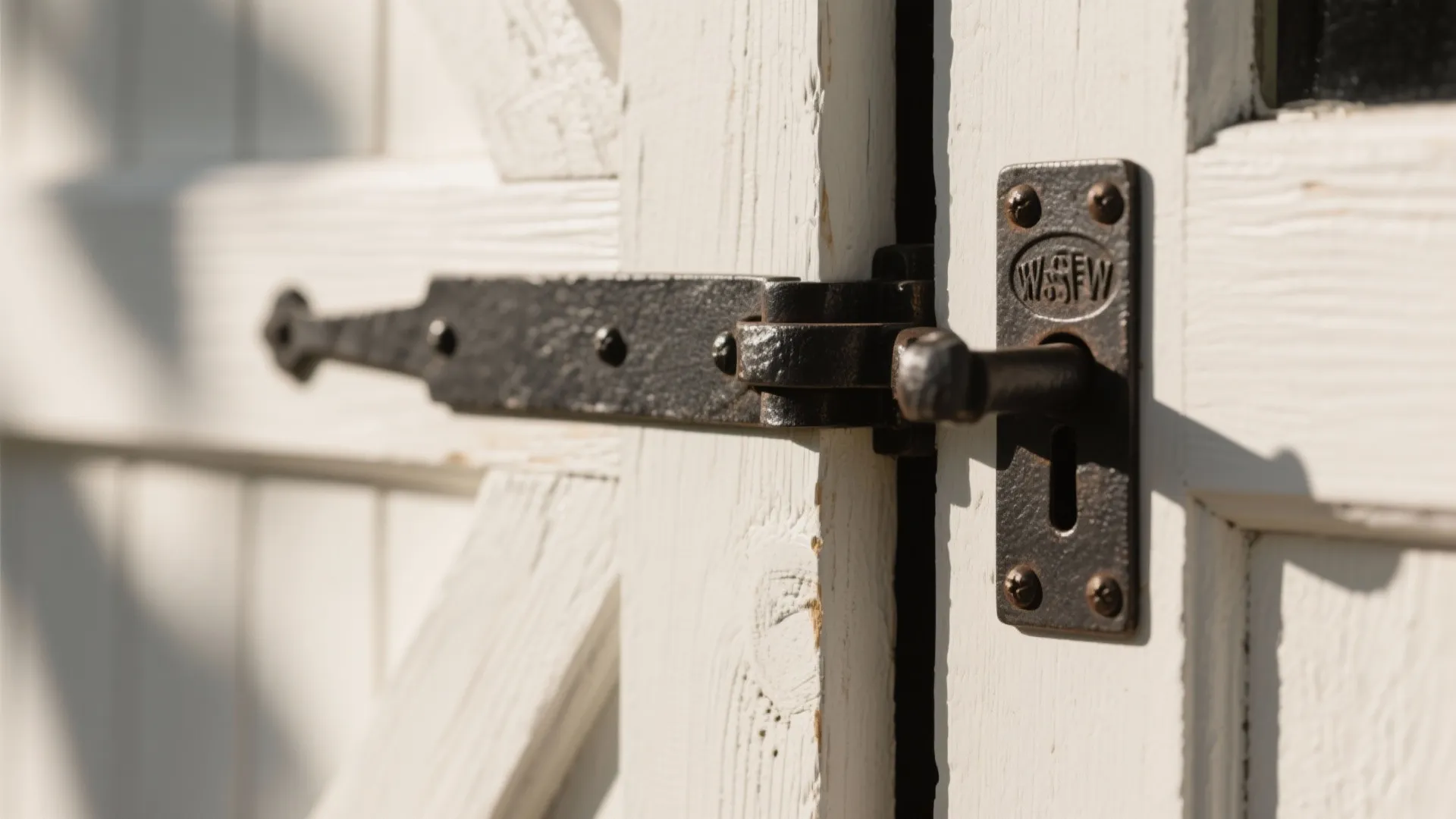 Rustic barn door latch on whitewashed sliding bathroom door