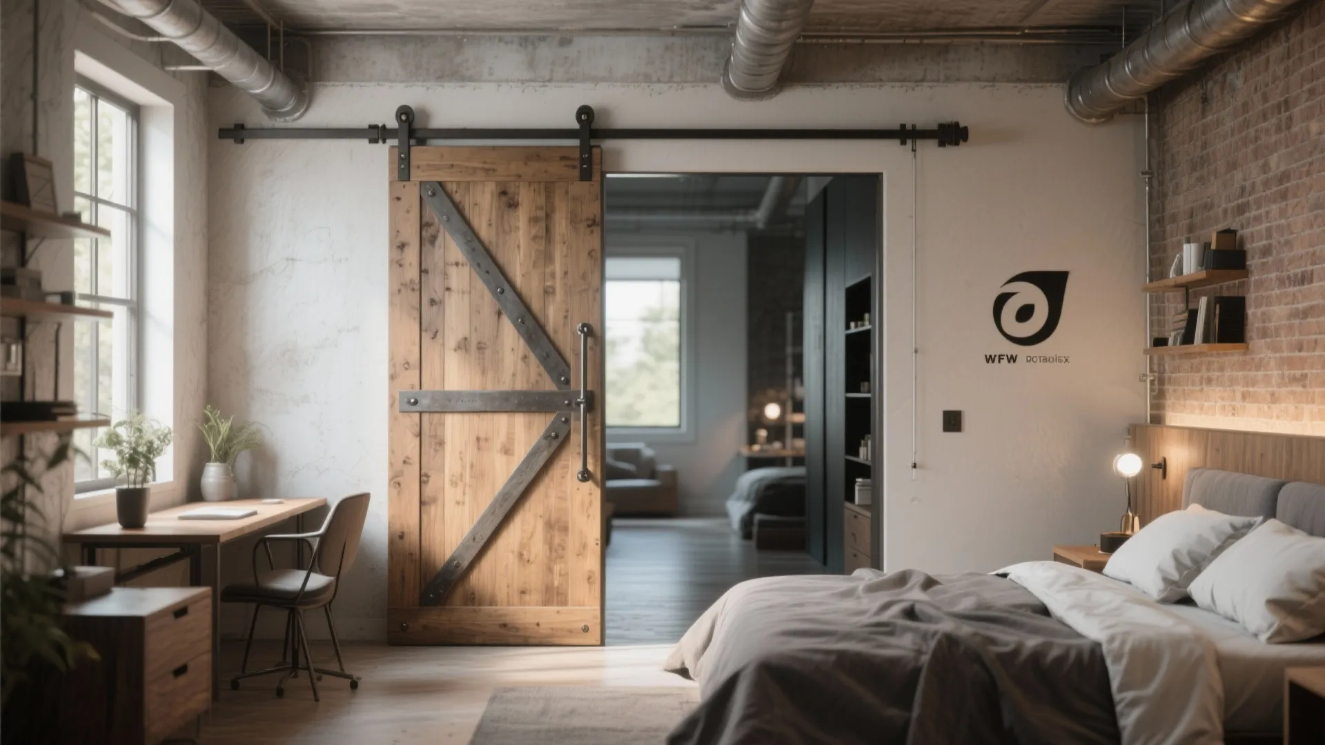 Industrial bedroom design featuring a sliding wooden barn door brick wall and metal ceiling pipes