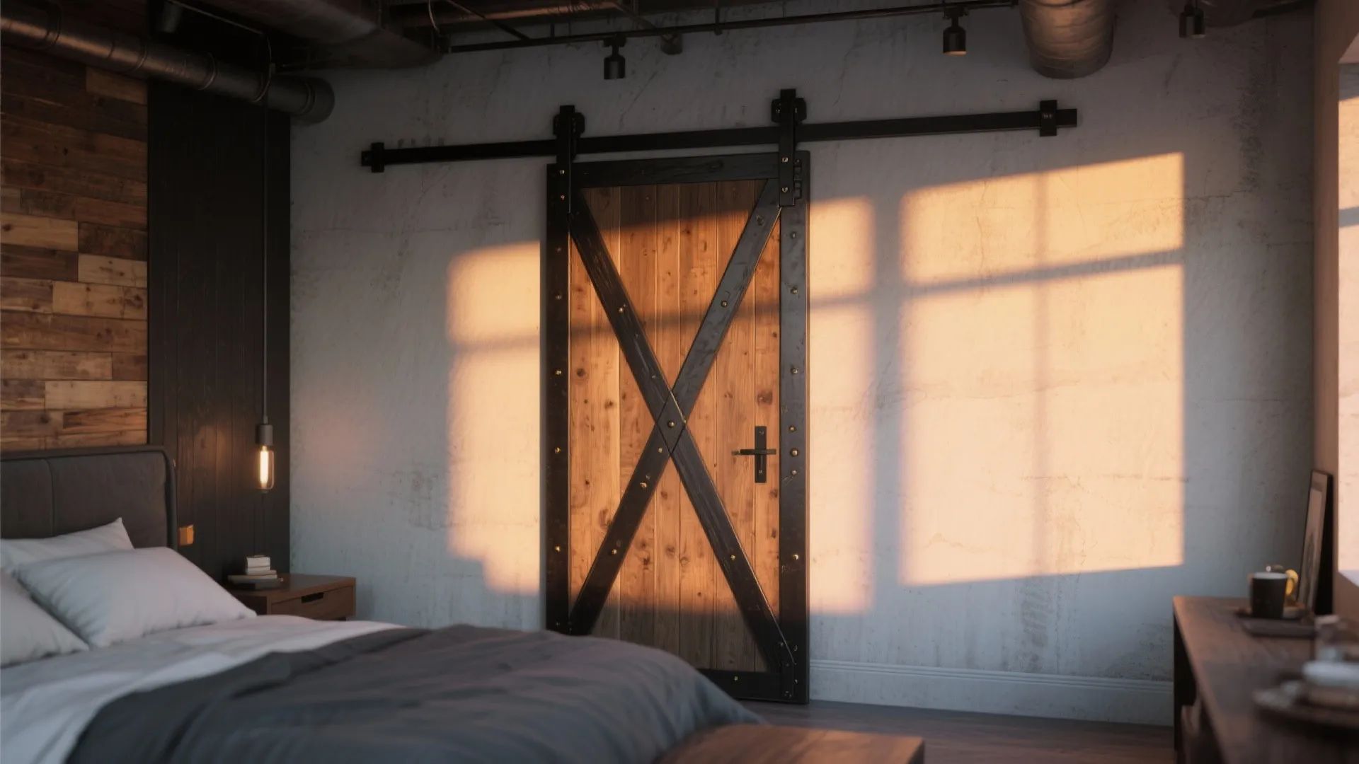 Rustic wooden sliding barn door with black metal hardware in a modern industrial bedroom setting