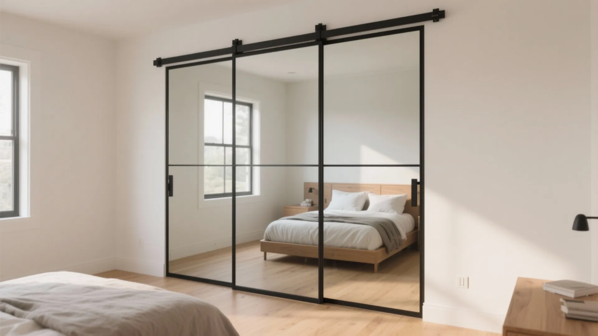 Modern bedroom with large black frame sliding mirror doors reflecting bed and bright white walls