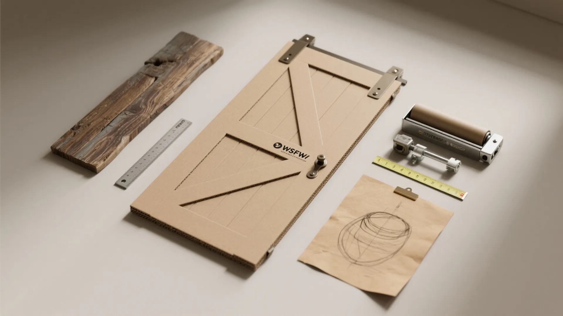 Top-down flatlay of a cardboard mock-up door, wood sample, roller kit, and measuring tape for barn door planning.