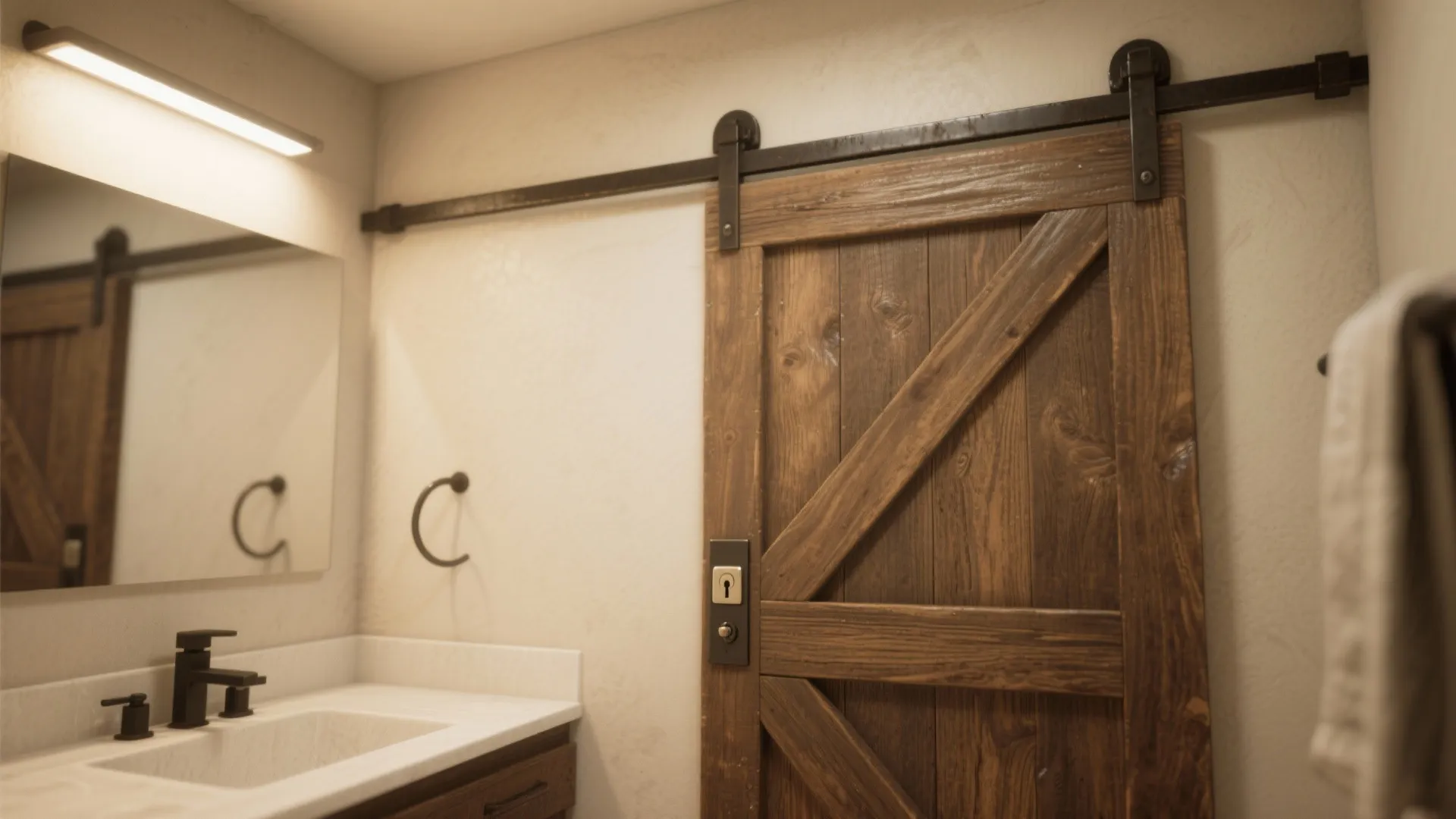Barn-style bathroom door on exposed rail with a mortise privacy lock and thumbturn.