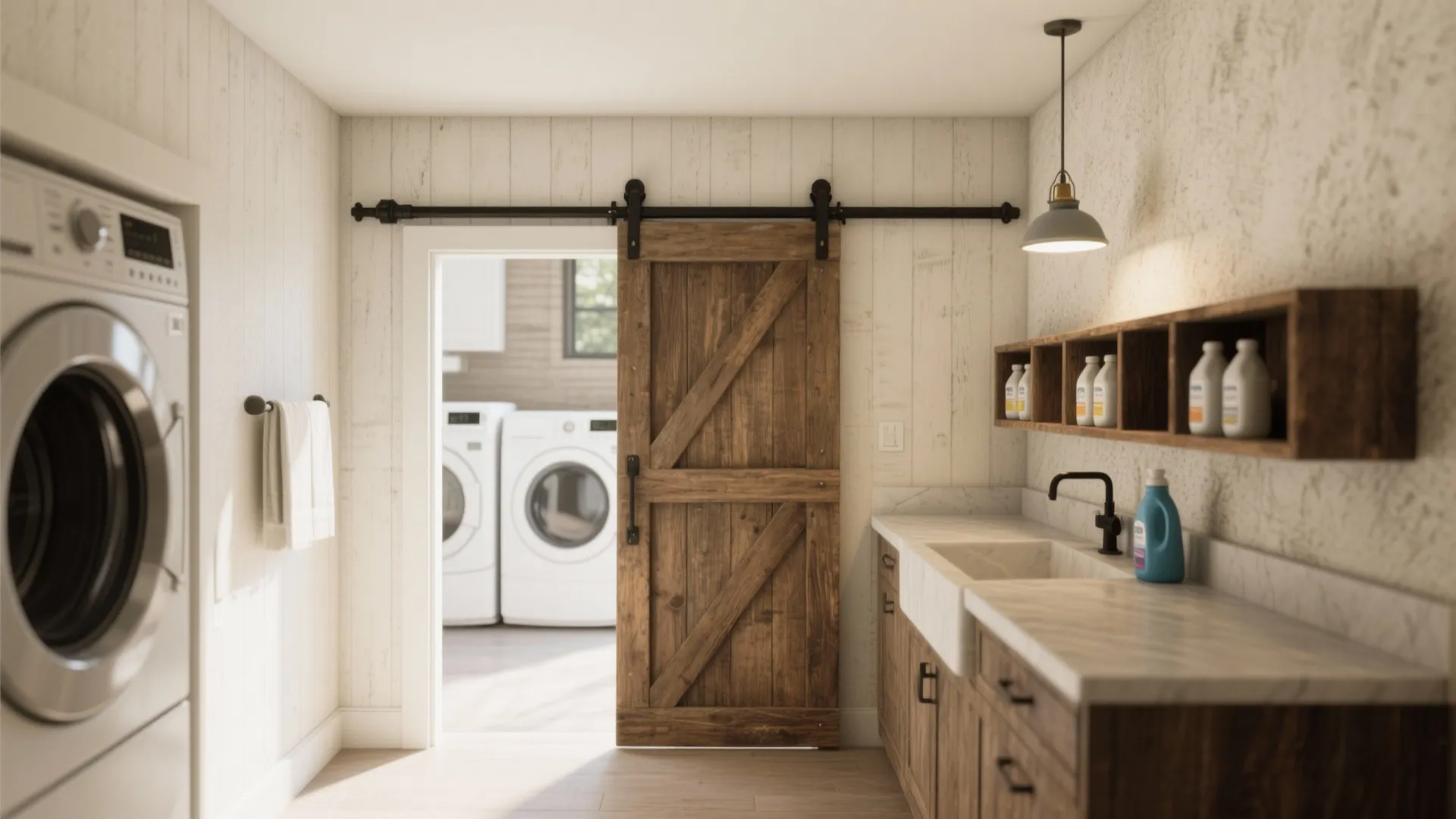 Rustic laundry room interior with wooden sliding door white wall panels sink and washing machine