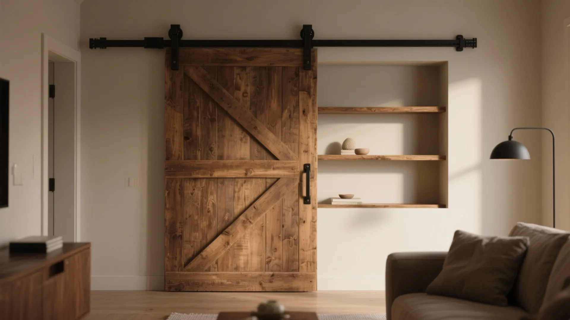 Rustic wooden sliding barn door in a living room with wall shelves and a sofa