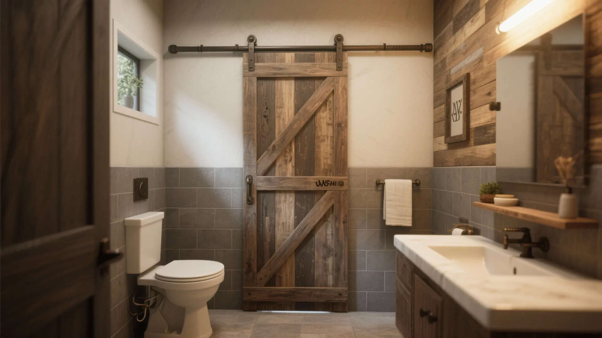 Rustic bathroom with sliding wooden door grey wall tiles white toilet and wood vanity cabinet design